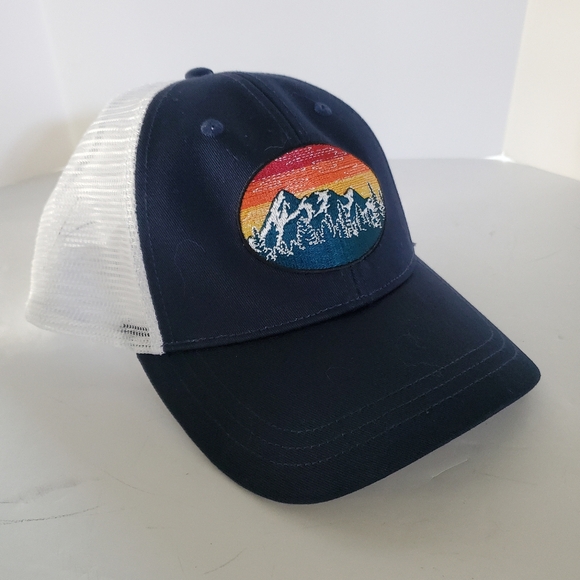 J Crew Factory Blue and White Trucker Hat with Mountain Sunset Patch - Picture 2 of 9